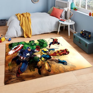 Comic Book, Comic Rug, Captain America, Hulk, Iron Man, Spider-Man, Wolverine, Kids Rug,Kids Room Decor, Cartoon Patterned Rug, Colourful