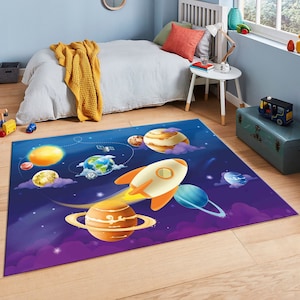 Space,Cartoon Space Planet,Kids Rugs Non Skid Washable,Children Educational Learning Carpet for Playroom Bedroom Solar System Large Area Rug