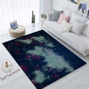 Mapa mundial digital, alfombra holográfica azul, mundo, satélite, mapa mundial de área equitativa, alfombra azul, premium, alfombra educativa, alfombra decorativa para el hogar, alfombra