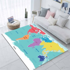 Weltkarte Teppich, Weltkarte, Weltkarte mit Namen und Regionen, Großer Weltkartenteppich, Weltkarte, Jungen Schlafzimmer Teppich, Kinderzimmer