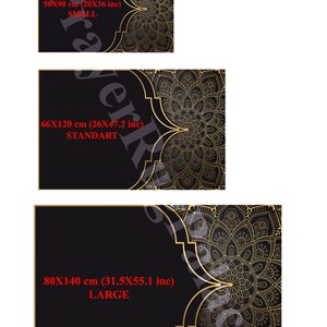 May include: Black and gold mandala design on a black background. The image shows three sizes: small (20x36 inches), standard (26x47.2 inches), and large (31.5x55.1 inches). The design features intricate patterns and a decorative border.
