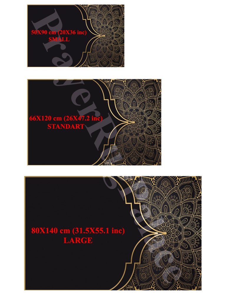 May include: Black and gold mandala design on a black background. The image shows three sizes: small (20x36 inches), standard (26x47.2 inches), and large (31.5x55.1 inches). The design features intricate patterns and a decorative border.