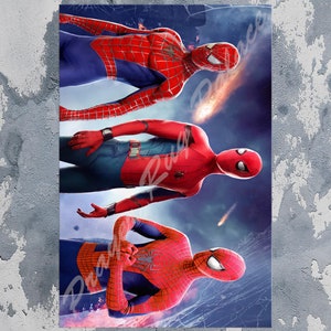 May include: Three Spider-Man characters in red and blue superhero costumes with masks. The characters are standing in a superhero pose with a blue and gray background.
