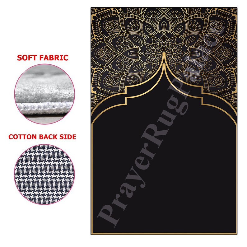 May include: A black prayer rug with a gold mandala design and a gold arch. The rug has a soft fabric top and a cotton back side.
