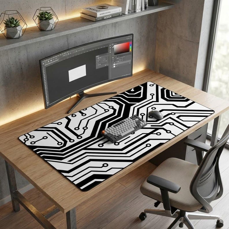 K&ouml;nnte beinhalten: Ein wei&szlig;es und schwarzes Mauspad mit Leiterplattenmuster, Tastatur und Maus auf einem Holztisch. Ein gebogener Computermonitor befindet sich im Hintergrund. Der Schreibtisch befindet sich neben einem Fenster und einem grauen B&uuml;rostuhl.