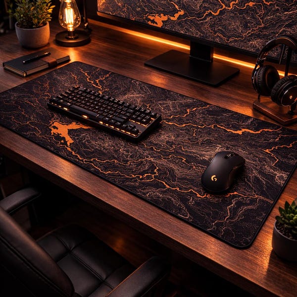 Topographic Map Mousepad, Black and Copper Contour Line Desk Mat, Abstract Modern Gaming Pad, Minimalist Office Decor, Sleek Desk Accessory