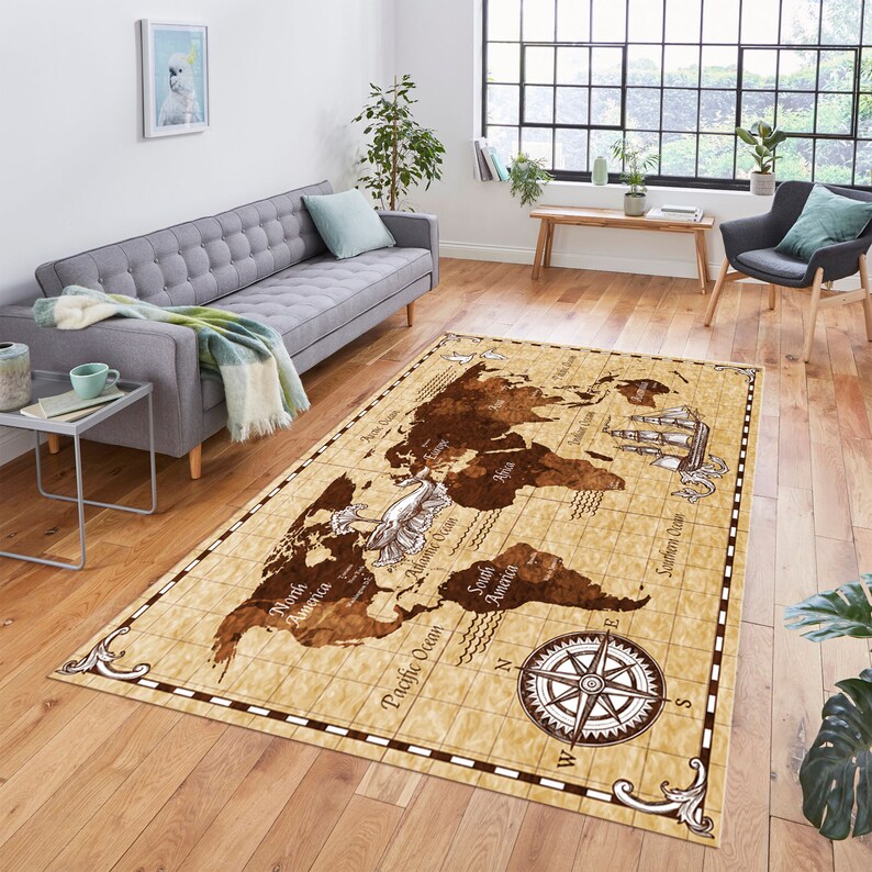 Drawn Retro Map Map of the World Rugs the World Map Rug for Etsy