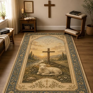 Könnte beinhalten: Ein rechteckiger Teppich mit einer zentralen Landschaftsdarstellung eines weißen Lammes, das auf einem grasbewachsenen Hügel mit einem Holzkreuz bei Sonnenuntergang ruht. Der Text lautet, The Lord is my shepherd, I shall not want. Psalm 23:1. Blaue Bordüre.