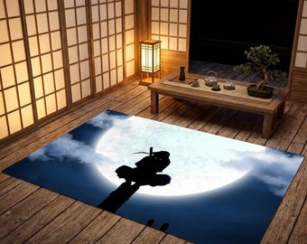日本のラグ、リビングルーム用の侍の絵画、アニメ、日本のアニメ、ラグのシルエット、侍柄のラグ、装飾ホームデコレーションラグ、日本