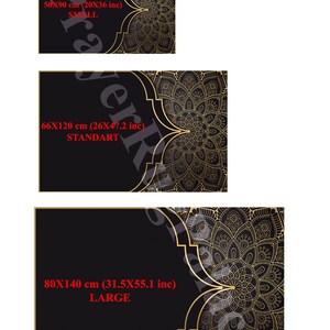 May include: Three black and gold mandala designs with different sizes and dimensions. The text on the designs reads: 50X90 cm (20X36 inc) SMALL, 66X120 cm (26X47.2 inc) STANDART, 80X140 cm (31.5X55.1 inc) LARGE.
