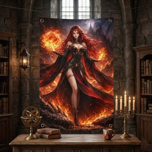 May include: A fantasy tapestry depicting a woman with long red hair and a flowing black and red gown, surrounded by flames. The artwork shows a fiery scene with a dragon and mountains in the background. The tapestry is hanging in a room with bookshelves.