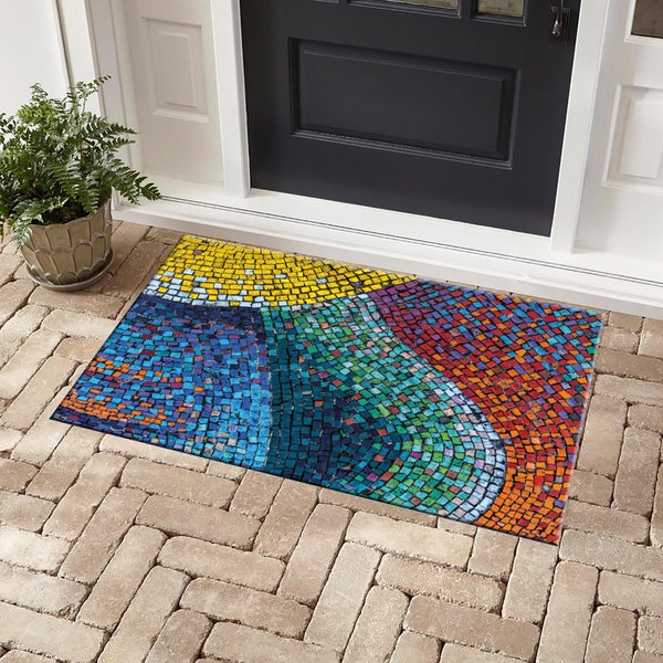 Alfombra colorida de la puerta del mosaico, felpudo del nombre de la familia, felpudo de bienvenida, felpudo personalizado pintado, regalo de compromiso, felpudo personalizado, alfombras ruggables