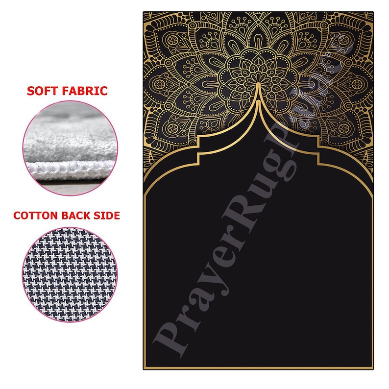 May include: Black prayer rug with a gold mandala design at the top. The rug has a black and white houndstooth cotton back side and soft fabric. The text "PrayerRug" is printed diagonally on the rug.