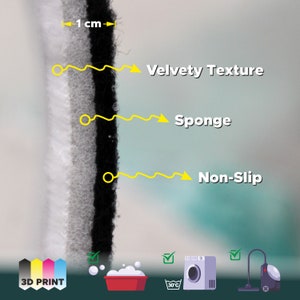 May include: Close-up of a black and white rug showing the layers of the rug. The top layer is a velvety texture, the middle layer is a sponge, and the bottom layer is a non-slip backing. The rug is 1 cm thick. The rug is 3D printed, washable, and can be cleaned with a vacuum cleaner.