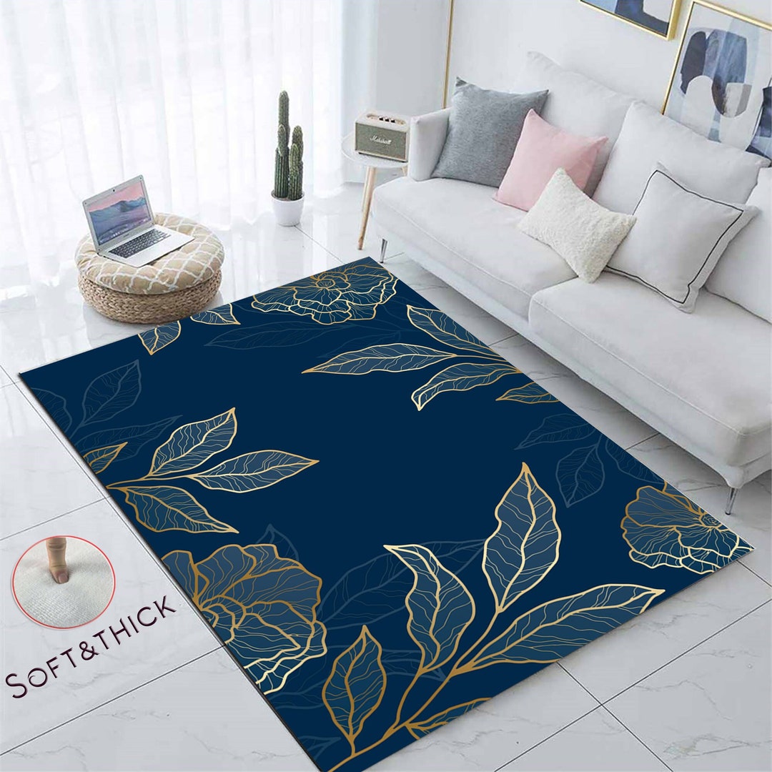 Blue With Gold Area Rug, Golden Linear, Abstract Floor Mat, Home Decor ...
