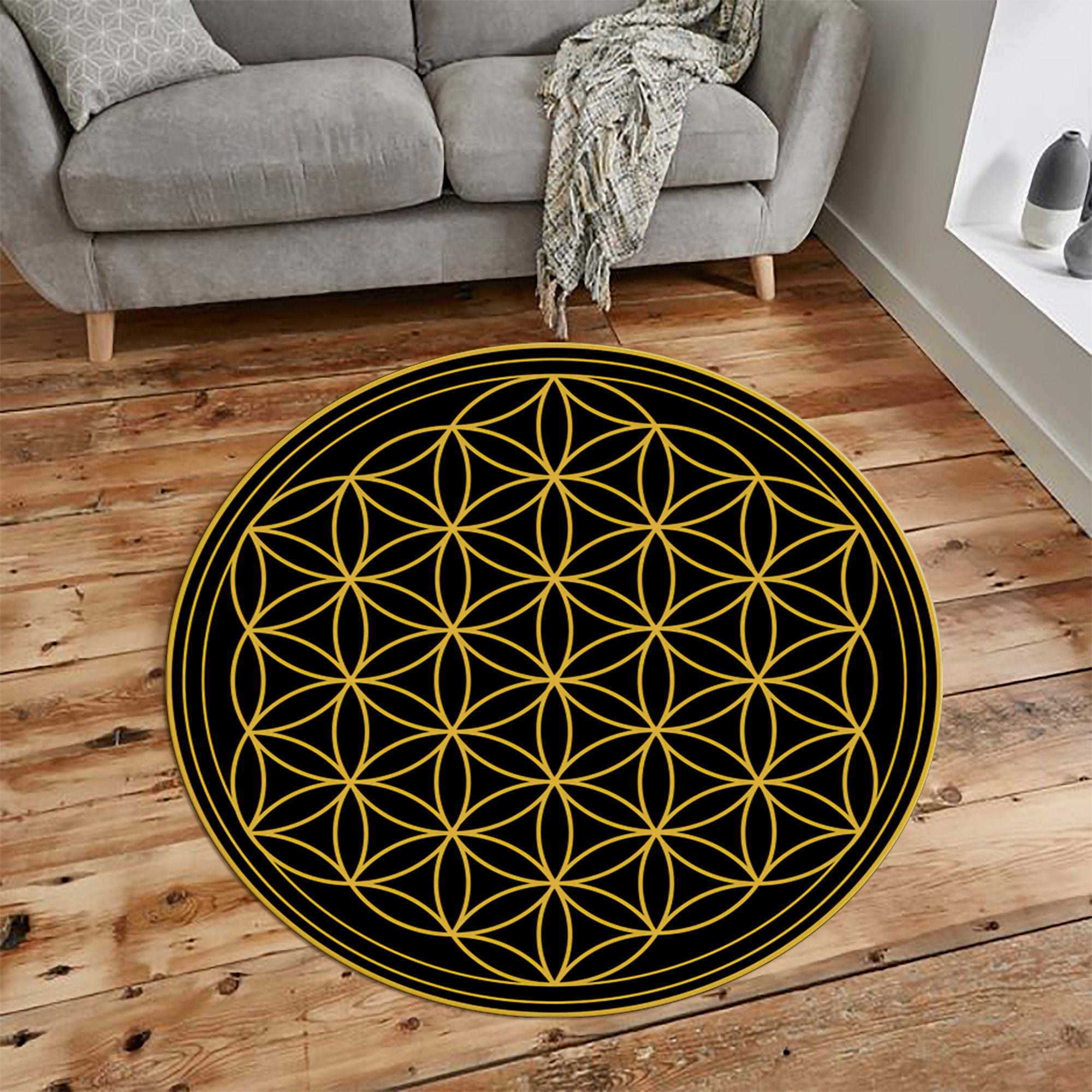 Flower of life, Sacred Geometry Rug, Flower of life Rug, Spiritual Rug,Floor Rug, Large Rugs, Sacred Geometry Decor Rug, Black and Gold Rugs