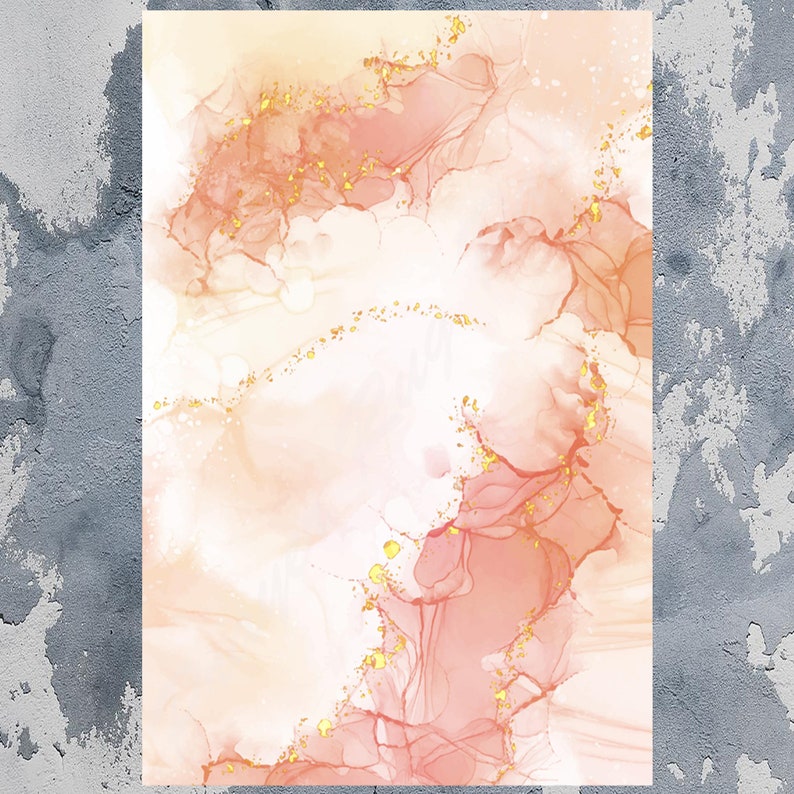 May include: Abstract art print with a watercolour design in peach, coral, and cream, with gold accents. The fluid, blended colours create a soft, ethereal effect. The artwork is a vertical rectangle.