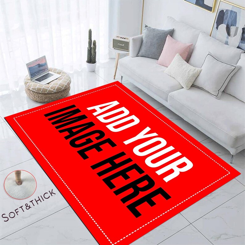 May include: Red rectangular rug with white dashed border and the text "Add Your Image Here" in black.