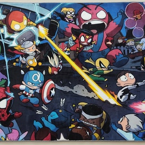 May include: A colorful cartoon illustration of various superheroes, including Hulk, Iron Man, Spider-Man, Captain America, and Wolverine, fighting in a city street. The image is a vibrant and fun depiction of the Marvel universe.