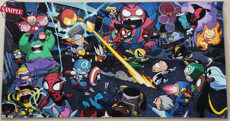 May include: A colorful cartoon illustration of various superheroes, including Hulk, Iron Man, Spider-Man, Captain America, and Wolverine, fighting in a city street. The image is a vibrant and fun depiction of the Marvel universe.