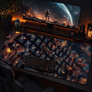 以下が含まれることがあります： 黒いキーボードとマウスが、キーボードのデザインが施された大きなデスクマットの上に置かれています。マットには、宇宙をテーマにした、宇宙飛行士が惑星にいる画像と、同じ画像を表示するコンピューターモニターが描かれています。