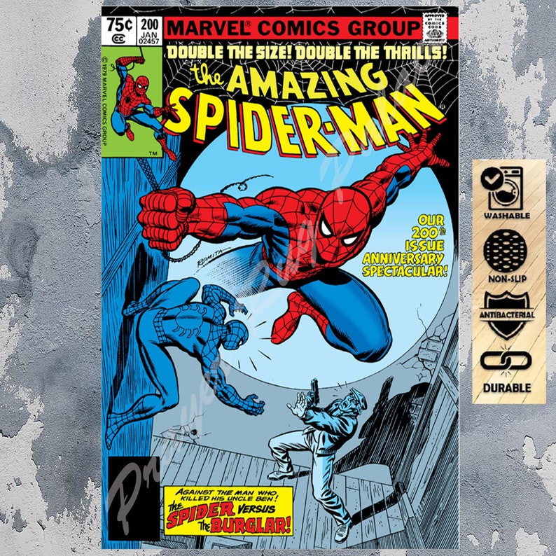 May include: A vintage comic book cover featuring Spider-Man in a red and blue suit, swinging through the air. The cover text reads "The Amazing Spider-Man" and "Double the Size! Double the Thrills!" The comic book is issue number 200 and is celebrating its 200th anniversary.
