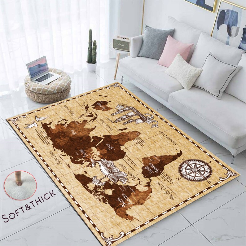 Drawn Retro Map Map of the World Rugs the World Map Rug for Etsy