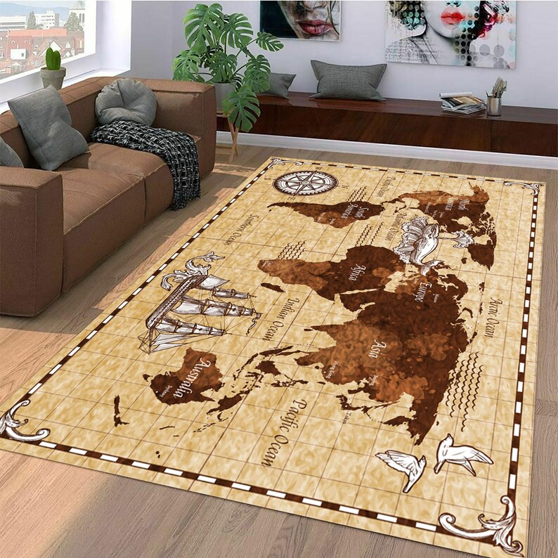Drawn Retro Map Map of the World Rugs the World Map Rug for Etsy