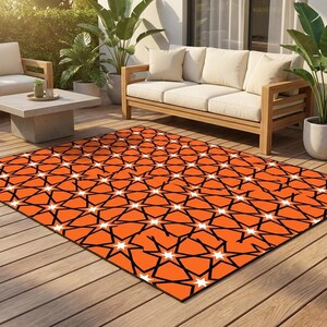 Buitentapijt, tapijten voor aan het zwembad, cadeau voor vriend, cadeau voor hem, cadeau voor thuis, duurzaam materiaal, tuindecoratie, tapijt, oranje patroon
