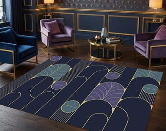 Art Rugs for Bedroom, Rugs For Living Room,Flat Design Art Deco, Art Deco Style Area Rug, Golden elements on Blue Background Print Carpet