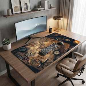 Puede incluir: Una configuración de escritorio de computadora con un monitor curvo grande, un teclado y un ratón sobre una alfombrilla de escritorio con un diseño de mapa antiguo. El escritorio también incluye una lámpara de escritorio, una suculenta en maceta y una silla de oficina de cuero.