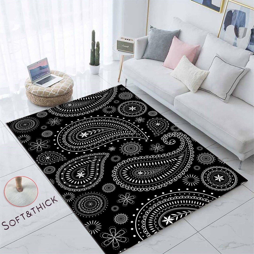 Paisley Bandana Pattern, Black Abstract Design, for Living Room Rug ...