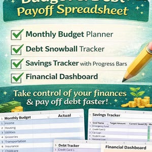 May include: A digital spreadsheet titled "Premium Budget & Debt Payoff Spreadsheet" with sections for monthly budgeting, debt tracking, and savings. The image includes a calculator, money, and a pencil.