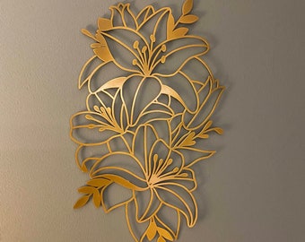 Gold Lily Metal Wall Art, Flower Wall Hanging, Unique Home Decor, Gold Wall Art, Housewarming Gifts, One Line Wall Art