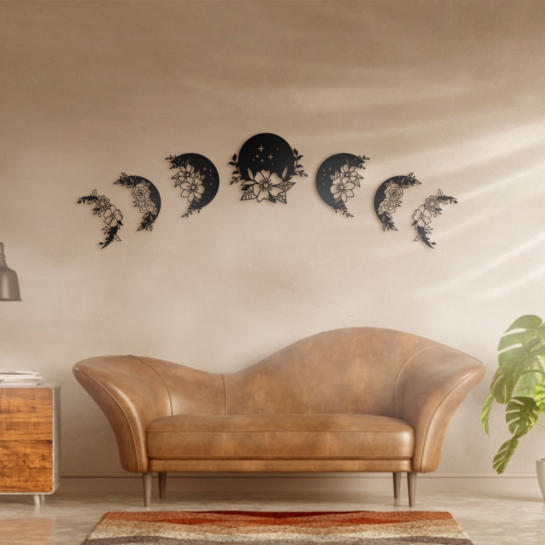 Moon Phase Metal Wall Art Floral Lunation Wall Decor Set of Etsy