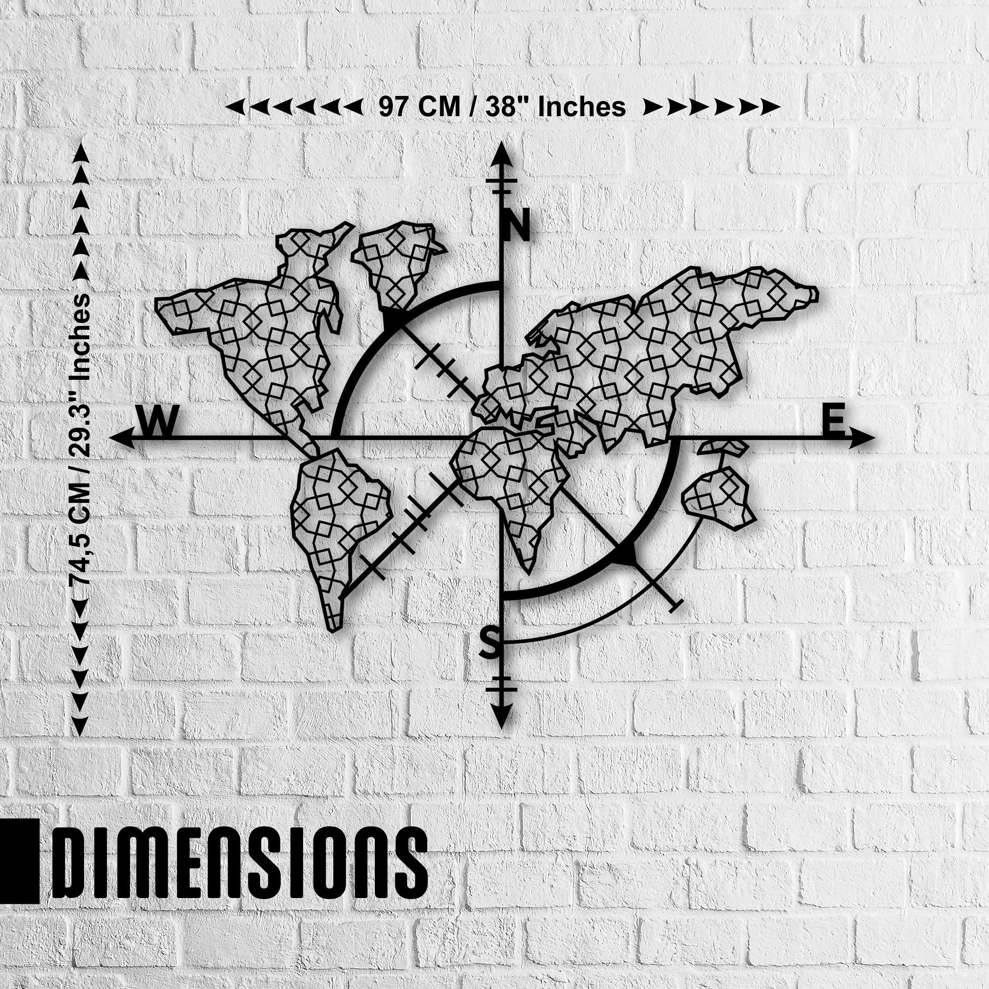 Metal World Map With Compass Metal Wall Decor Metal Wall Etsy