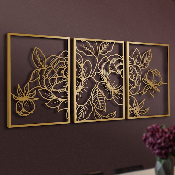 Decorazione da parete in metallo Set di 3, Decorazione da parete con fiori di papavero, Design unico della parete, Decorazione da parete per camera da letto, Arte da parete per soggiorno, Arte da parete in 3 pezzi, Decorazione per la casa