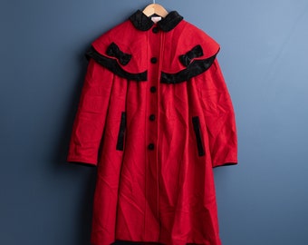 Girl's Vintage Pierre Cardin wool coat red black bow - Size 8