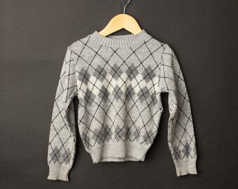 Pull/pull SEARS gris à motifs de losanges vintage des années 80