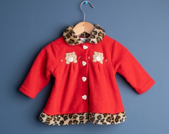 Vintage red leopard print cat fleece coat - Size 6/9 months