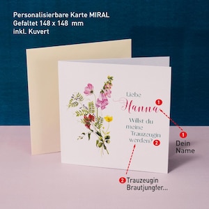 Carte de demoiselle d'honneur personnalisée Carte pliante de demoiselle d'honneur également imprimée à l'intérieur Carton premium 320g avec enveloppe métallique 148 x 148 mm #Miral804