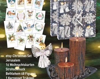 May include: A Christmas set featuring greeting cards, angel ornaments, snowflake ornaments, and pillar candles. The cards display festive illustrations. The candles are brown with a textured design. The text on the image reads "etsy-Christmas Set Jerusalem".