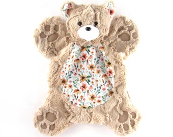 Bear Lovey, Girl Lovey, Floral Lovie, Bear Rug Blankie,  Light Brown Bear, Flower Bear, Baby Shower Girl Gift, Animal Lovey, Baby Nursery