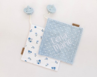 Pacifier Holder Personalized, Baby Gift, Ditsy Blue Binky Blanket, Personalized Pacifier Clip, Pacifier Lovey with Name, Minky Pacifier Clip