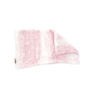 May include: A soft, pink and white faux fur throw blanket with a fluffy texture.