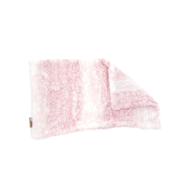 May include: A soft, pink and white faux fur throw blanket with a fluffy texture.