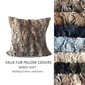 May include: A square faux fur pillow cover in shades of brown, tan, and black. The pillow has a textured, minky-soft appearance. The image also shows a variety of other colored faux fur pillow covers. Text on the image reads: Faux Fur Pillow Covers, Minky Soft, Multiple Colors and Sizes.