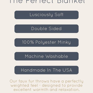 May include: A graphic with the text "Introducing The Perfect Blanket" and a list of features: Lusciously Soft, Double Sided, 100% Polyester Minky, Machine Washable, Handmade In The USA. The text "Our faux fur throws have a perfectly weighted feel - designed to provide excellent warmth and relaxation." is below the list. The text "Renae & Kae" and "RENAEANDKAE.ETSY.COM" are at the bottom of the graphic.