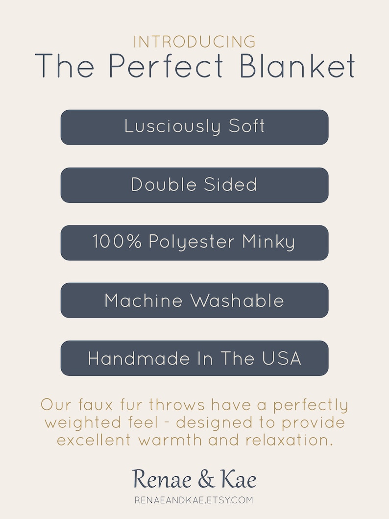May include: A graphic with the text "Introducing The Perfect Blanket" and a list of features: Lusciously Soft, Double Sided, 100% Polyester Minky, Machine Washable, Handmade In The USA. The text "Our faux fur throws have a perfectly weighted feel - designed to provide excellent warmth and relaxation." is below the list. The text "Renae & Kae" and "RENAEANDKAE.ETSY.COM" are at the bottom of the graphic.