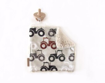 Linen Tractors Binky Blanket, Farm Tractor Clip, Soft Tractor Pacifier Holder, Binky Clip, Soft Pacifier Lovey Pacifier Clip, Farm Baby Gift